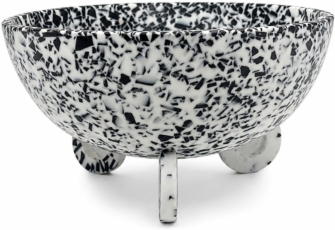 Large Salad Bowl with Serving - Decorative Mixing Bowl with Ring Base | Ideal for Fruits, Pasta & More | Handcrafted Resin Bowl for Dining & Kitchen (Black Terrazzo, Normal)