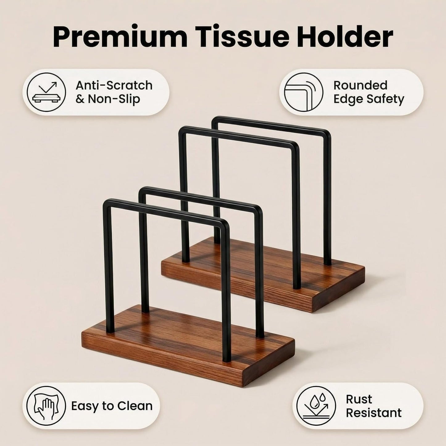 Napkin Holder, 2 Pack Walnut Paper Napkin Holder for Table with Sturdy Iron Frame, Kitchen & Dining Room Decor