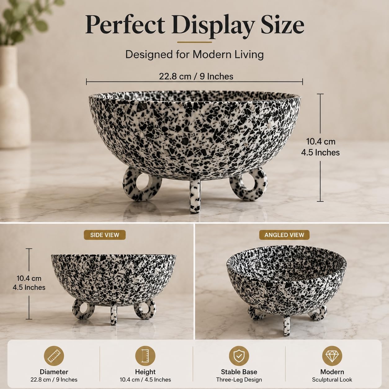 Large Salad Bowl with Serving - Decorative Mixing Bowl with Ring Base | Ideal for Fruits, Pasta & More | Handcrafted Resin Bowl for Dining & Kitchen (Black Terrazzo, Normal)