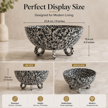 Large Salad Bowl with Serving - Decorative Mixing Bowl with Ring Base | Ideal for Fruits, Pasta & More | Handcrafted Resin Bowl for Dining & Kitchen (Black Terrazzo, Normal)