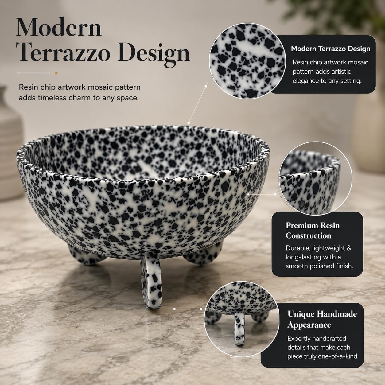 Large Salad Bowl with Serving - Decorative Mixing Bowl with Ring Base | Ideal for Fruits, Pasta & More | Handcrafted Resin Bowl for Dining & Kitchen (Black Terrazzo, Normal)