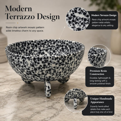 Large Salad Bowl with Serving - Decorative Mixing Bowl with Ring Base | Ideal for Fruits, Pasta & More | Handcrafted Resin Bowl for Dining & Kitchen (Black Terrazzo, Normal)
