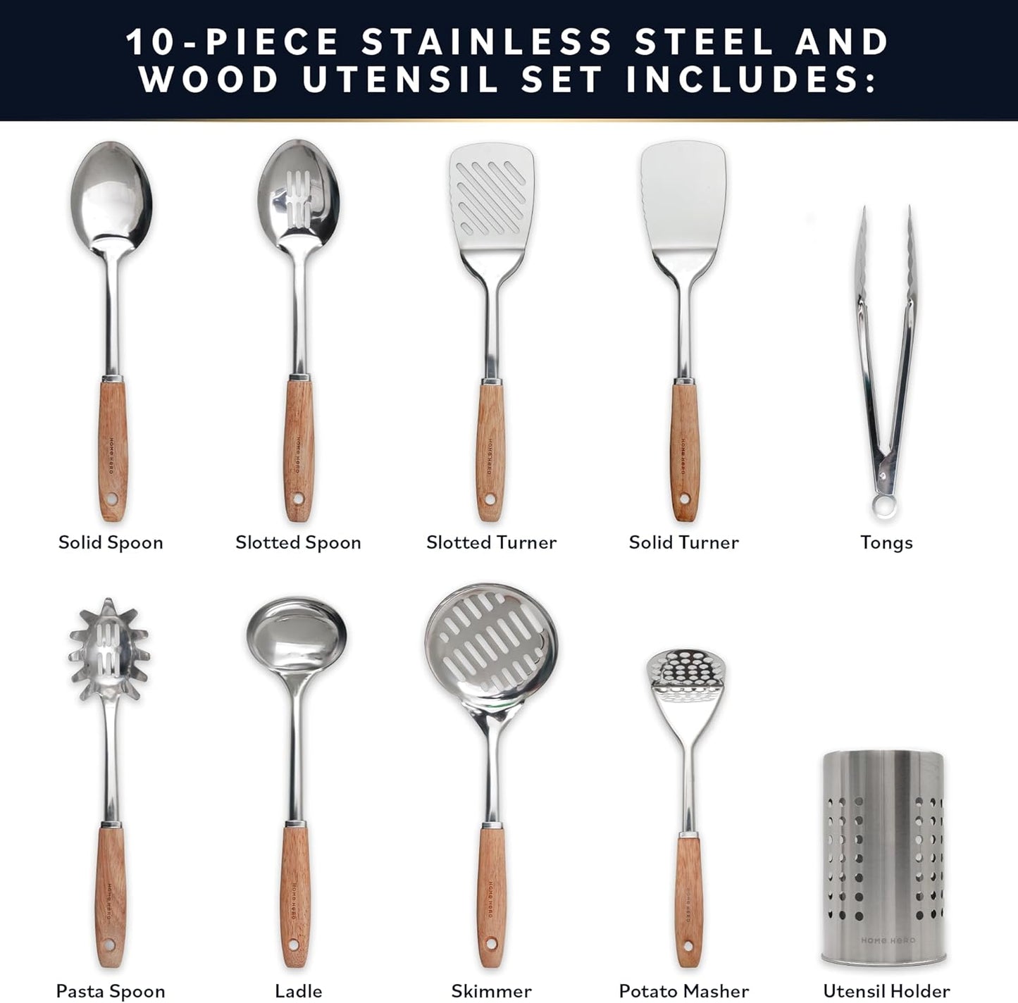 Stainless Steel Kitchen Utensils Set - Wood Handle Nonstick Stainless Steel Cooking Utensils Set - Heat Resistant Kitchen Essentials & Metal Kitchen Gadgets (Silver & Wood)