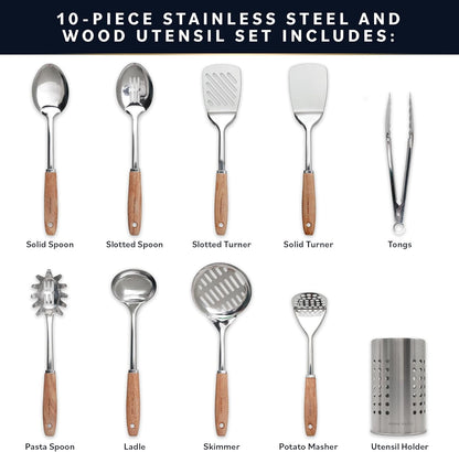 Stainless Steel Kitchen Utensils Set - Wood Handle Nonstick Stainless Steel Cooking Utensils Set - Heat Resistant Kitchen Essentials & Metal Kitchen Gadgets (Silver & Wood)