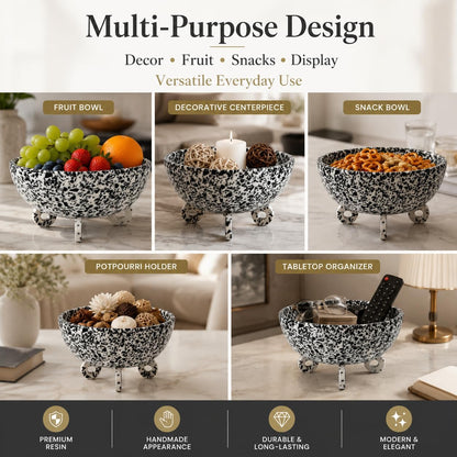 Large Salad Bowl with Serving - Decorative Mixing Bowl with Ring Base | Ideal for Fruits, Pasta & More | Handcrafted Resin Bowl for Dining & Kitchen (Black Terrazzo, Normal)