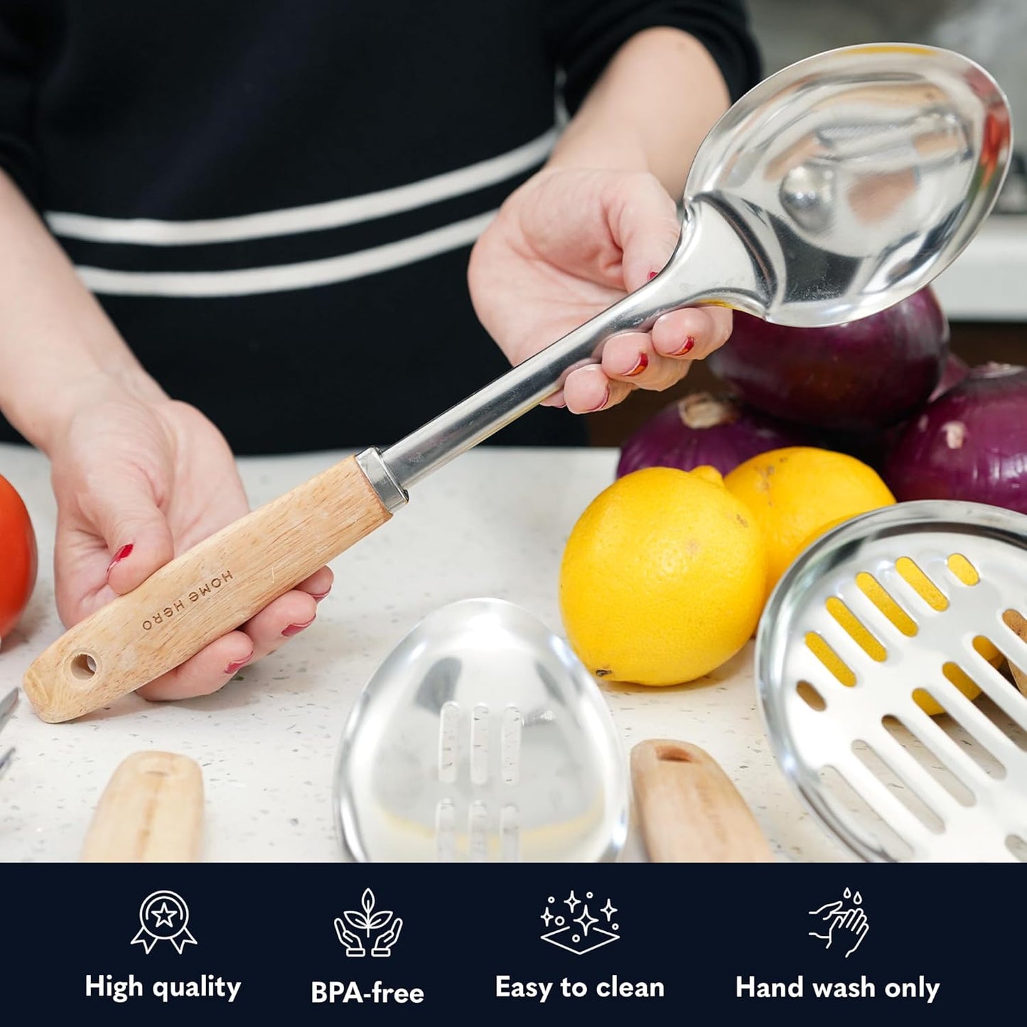 Stainless Steel Kitchen Utensils Set - Wood Handle Nonstick Stainless Steel Cooking Utensils Set - Heat Resistant Kitchen Essentials & Metal Kitchen Gadgets (Silver & Wood)