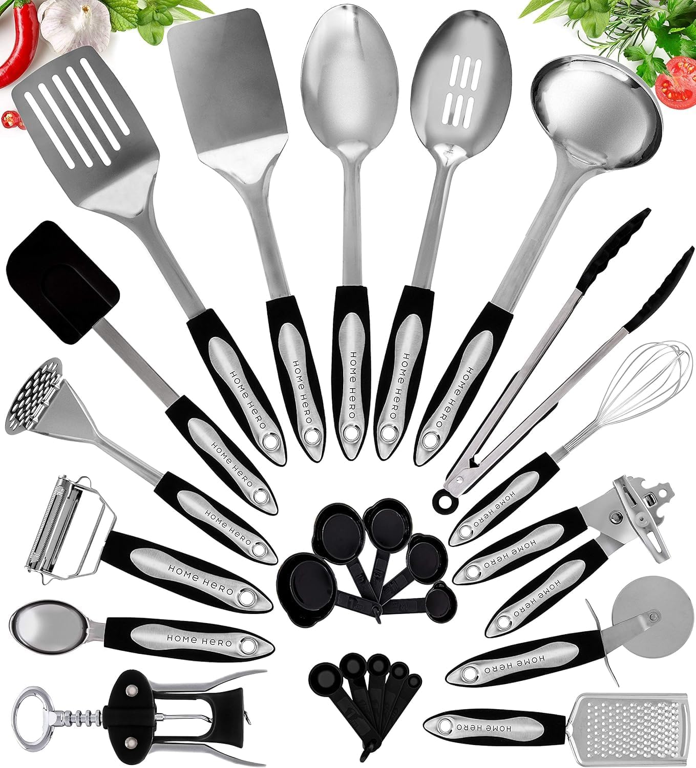 Stainless Steel Kitchen Utensils Set - Wood Handle Nonstick Stainless Steel Cooking Utensils Set - Heat Resistant Kitchen Essentials & Metal Kitchen Gadgets (Silver & Wood)