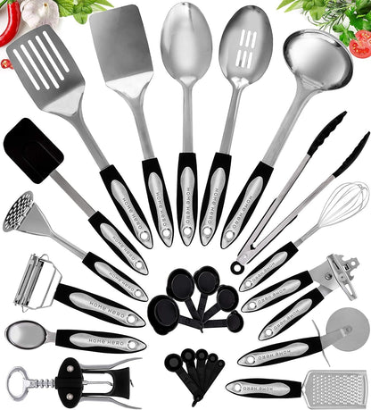 Stainless Steel Kitchen Utensils Set - Wood Handle Nonstick Stainless Steel Cooking Utensils Set - Heat Resistant Kitchen Essentials & Metal Kitchen Gadgets (Silver & Wood)