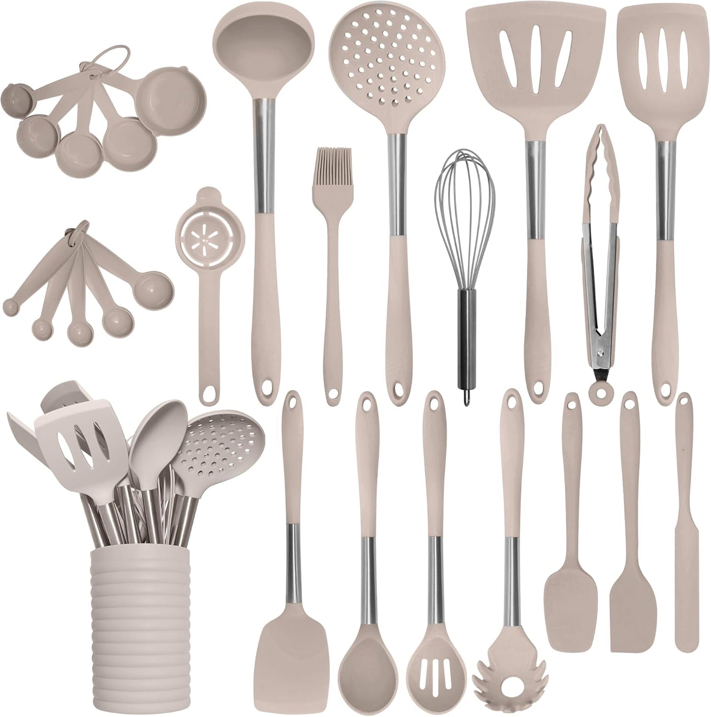 Stainless Steel Kitchen Utensils Set - Wood Handle Nonstick Stainless Steel Cooking Utensils Set - Heat Resistant Kitchen Essentials & Metal Kitchen Gadgets (Silver & Wood)