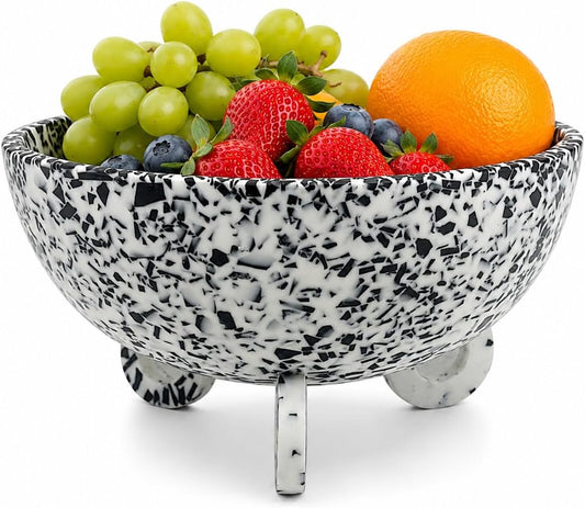Large Salad Bowl with Serving - Decorative Mixing Bowl with Ring Base | Ideal for Fruits, Pasta & More | Handcrafted Resin Bowl for Dining & Kitchen (Black Terrazzo, Normal)