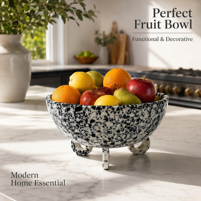 Large Salad Bowl with Serving - Decorative Mixing Bowl with Ring Base | Ideal for Fruits, Pasta & More | Handcrafted Resin Bowl for Dining & Kitchen (Black Terrazzo, Normal)