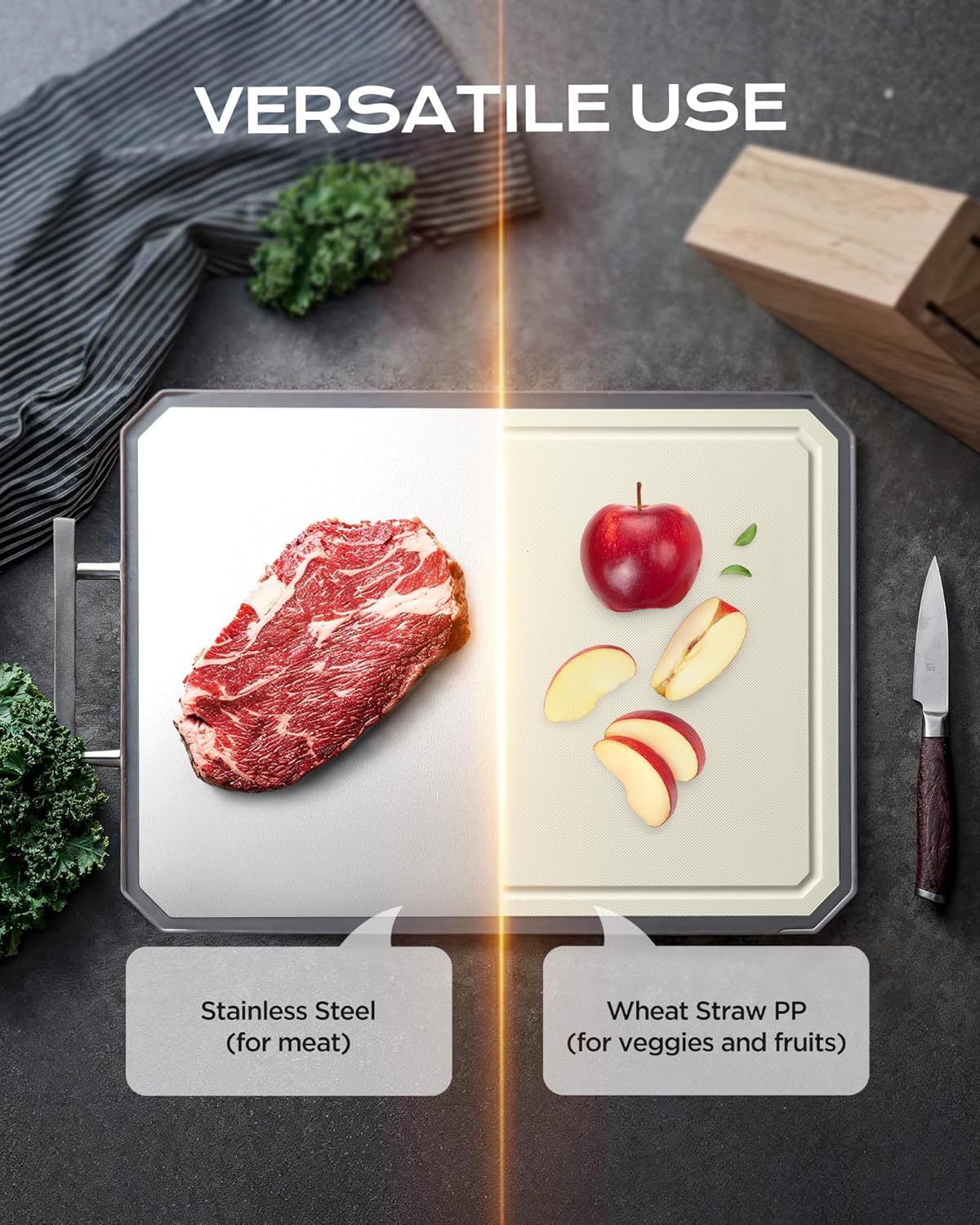 Stainless Steel Cutting Board,Double Sided Steel Bread Boards for kitchen,Stainless Steel/Wheat straw pp Large Board for meat,non toxic Chopping,Dishwasher Safe,16 * 11 Inch