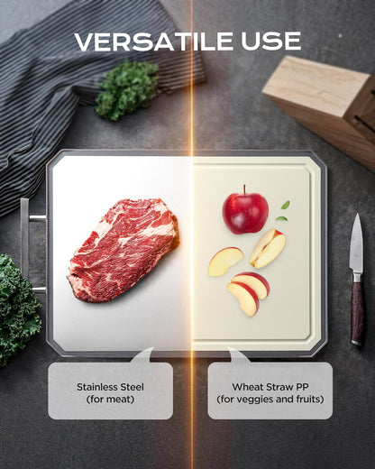 Stainless Steel Cutting Board,Double Sided Steel Bread Boards for kitchen,Stainless Steel/Wheat straw pp Large Board for meat,non toxic Chopping,Dishwasher Safe,16 * 11 Inch