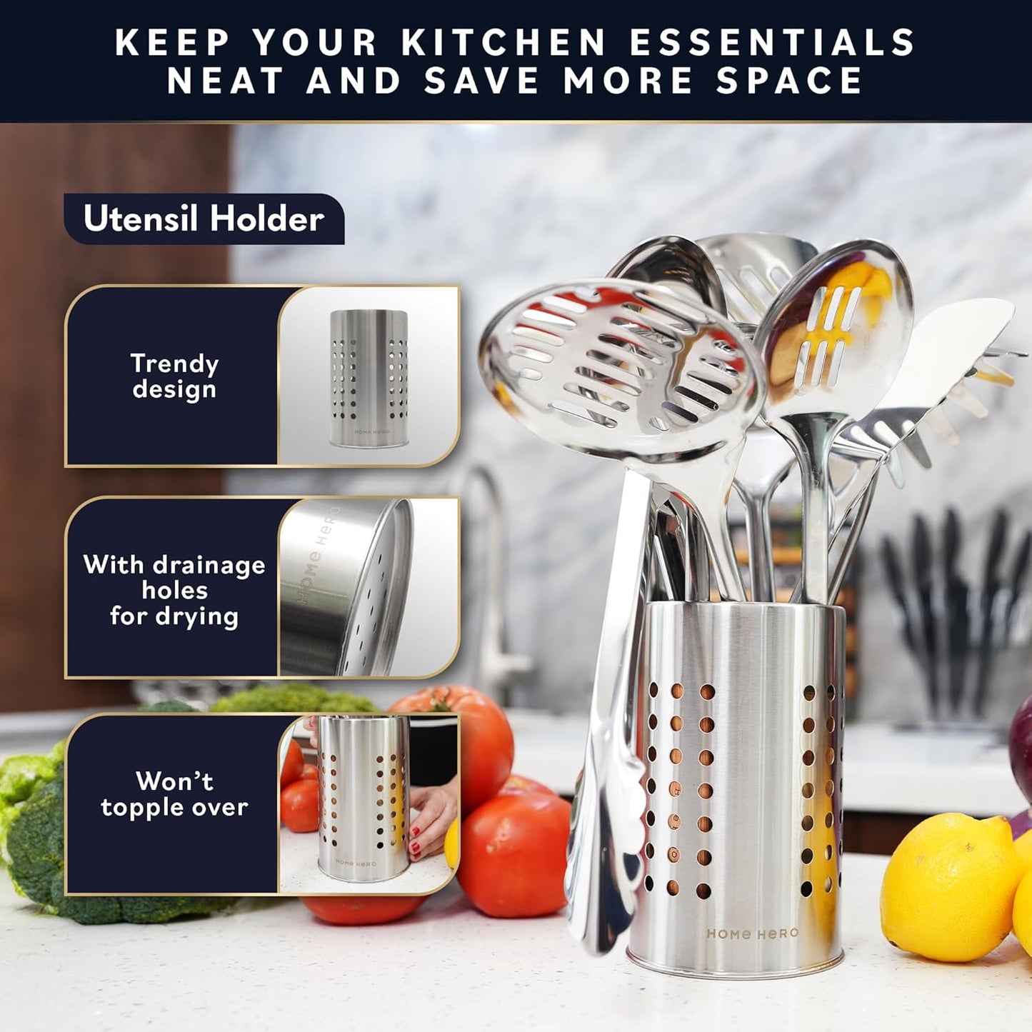 Stainless Steel Kitchen Utensils Set - Wood Handle Nonstick Stainless Steel Cooking Utensils Set - Heat Resistant Kitchen Essentials & Metal Kitchen Gadgets (Silver & Wood)