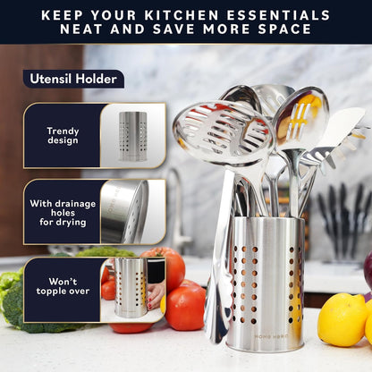 Stainless Steel Kitchen Utensils Set - Wood Handle Nonstick Stainless Steel Cooking Utensils Set - Heat Resistant Kitchen Essentials & Metal Kitchen Gadgets (Silver & Wood)