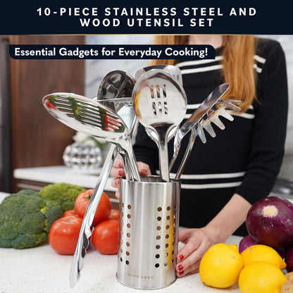 Stainless Steel Kitchen Utensils Set - Wood Handle Nonstick Stainless Steel Cooking Utensils Set - Heat Resistant Kitchen Essentials & Metal Kitchen Gadgets (Silver & Wood)